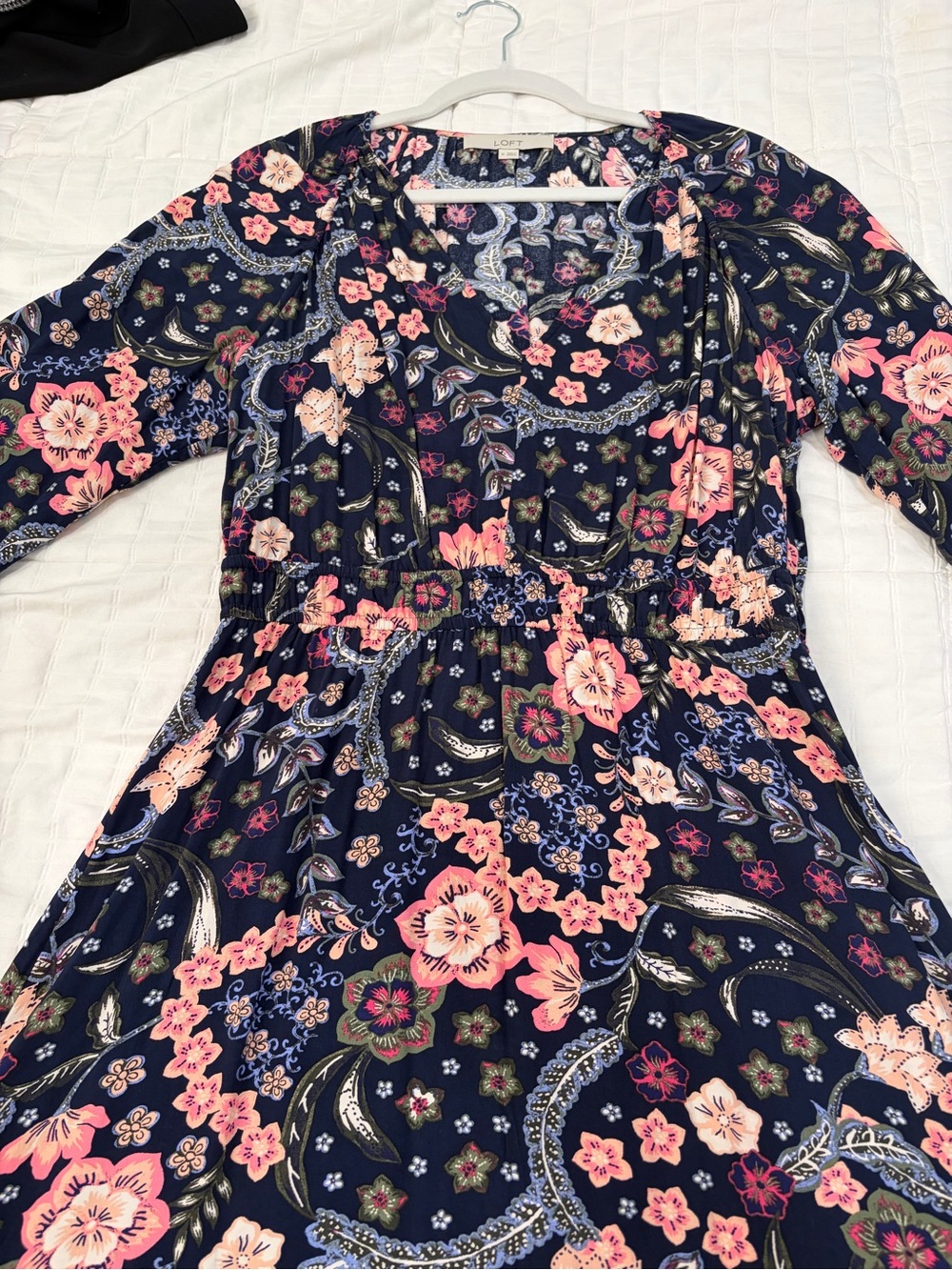 LOFT Navy Floral Paisley Midi Dress with Pink Accents